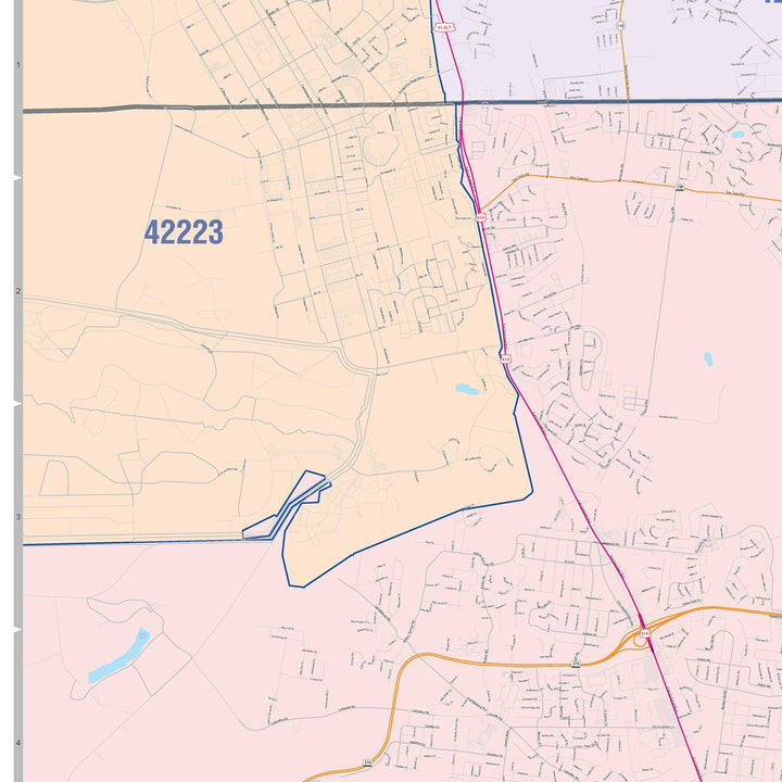 Color Cast Zip Code Style Wall Map of Clarksville, TN