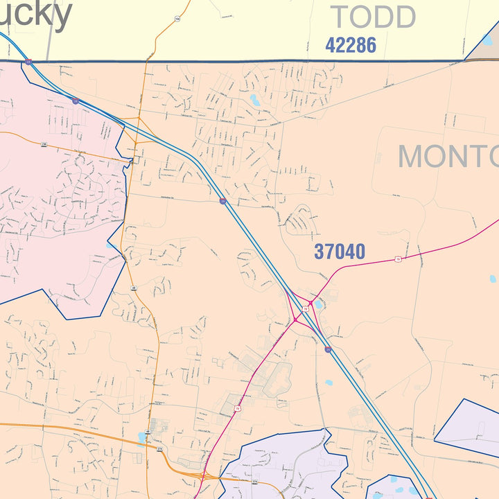 Color Cast Zip Code Style Wall Map of Clarksville, TN