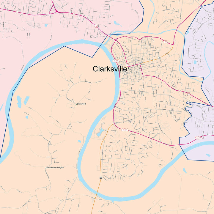 Color Cast Zip Code Style Wall Map of Clarksville, TN