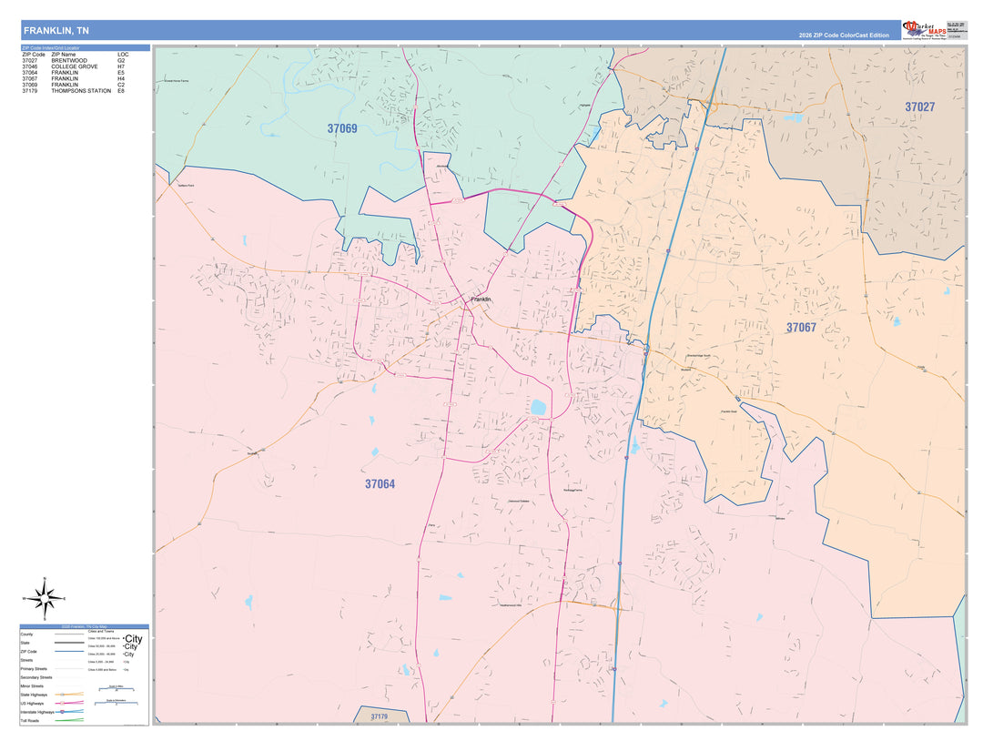 Color Cast Zip Code Style Wall Map of Franklin, TN