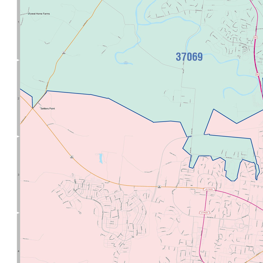 Color Cast Zip Code Style Wall Map of Franklin, TN
