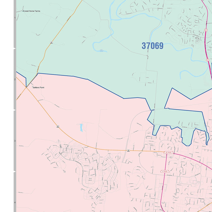 Color Cast Zip Code Style Wall Map of Franklin, TN