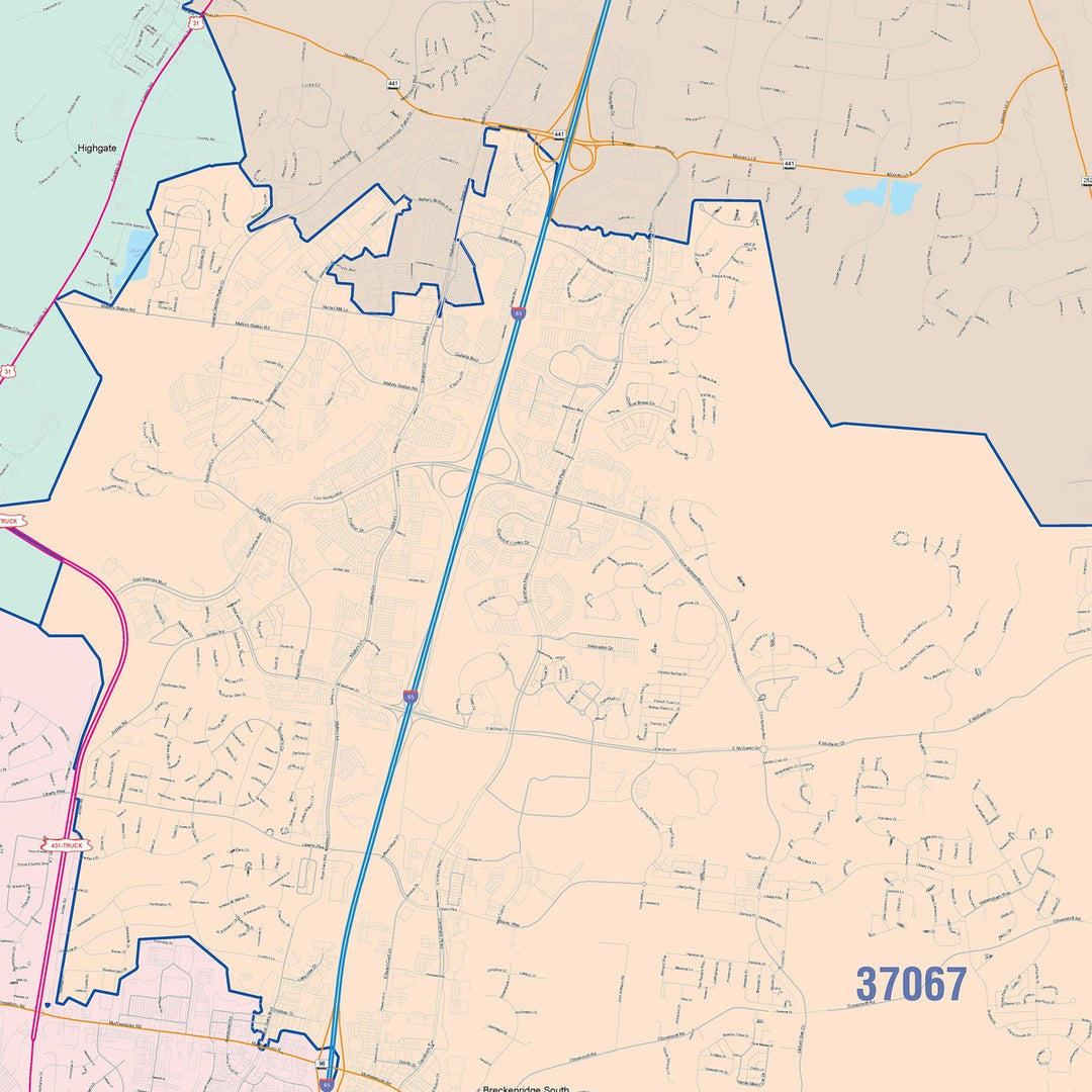 Color Cast Zip Code Style Wall Map of Franklin, TN