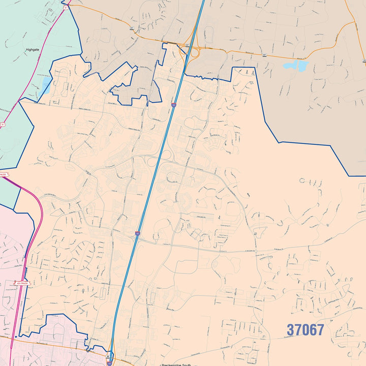 Color Cast Zip Code Style Wall Map of Franklin, TN