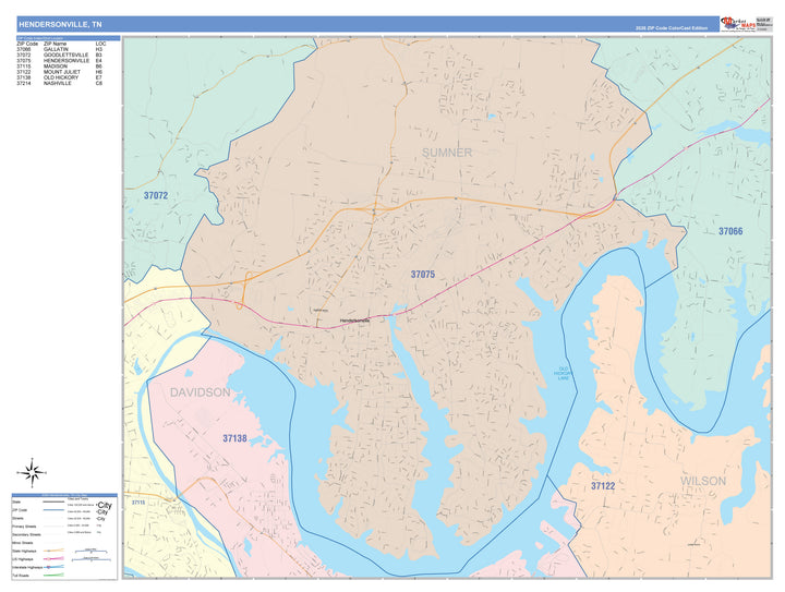 Color Cast Zip Code Style Wall Map of Hendersonville, TN