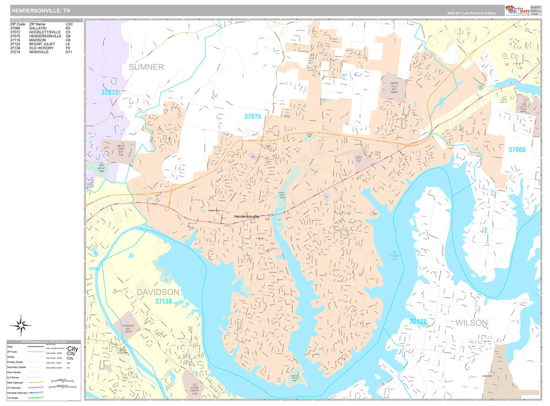 Premium Style Wall Map of Hendersonville, TN