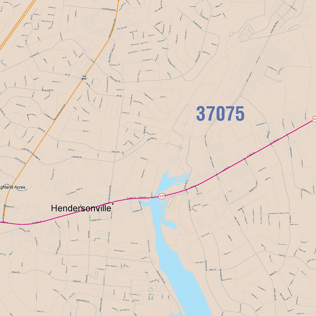 Color Cast Zip Code Style Wall Map of Hendersonville, TN