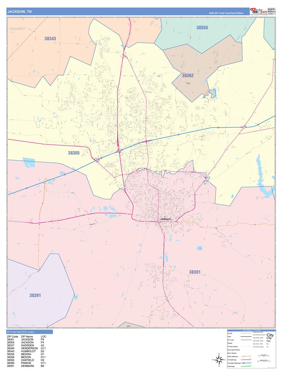 Color Cast Zip Code Style Wall Map of Jackson, TN