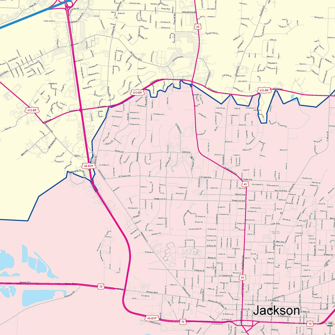 Color Cast Zip Code Style Wall Map of Jackson, TN