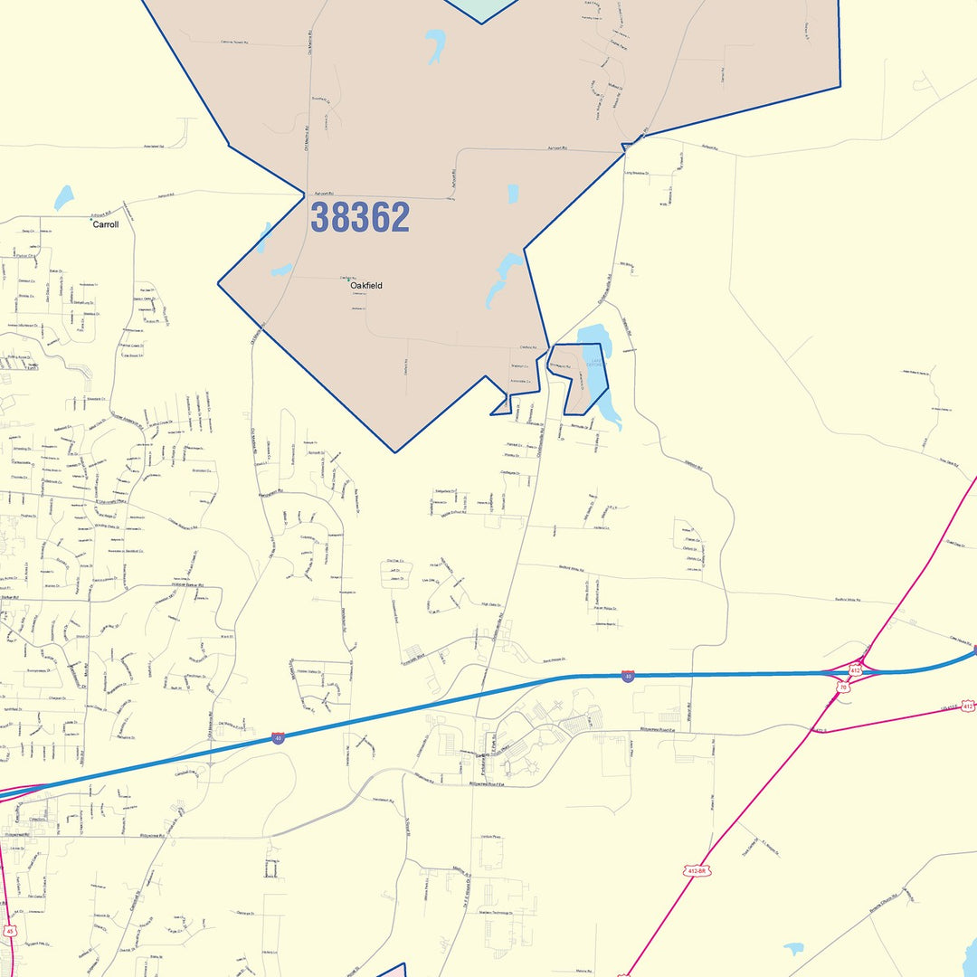 Color Cast Zip Code Style Wall Map of Jackson, TN