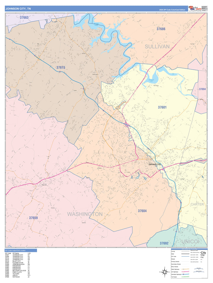 Color Cast Zip Code Style Wall Map of Johnson City, TN