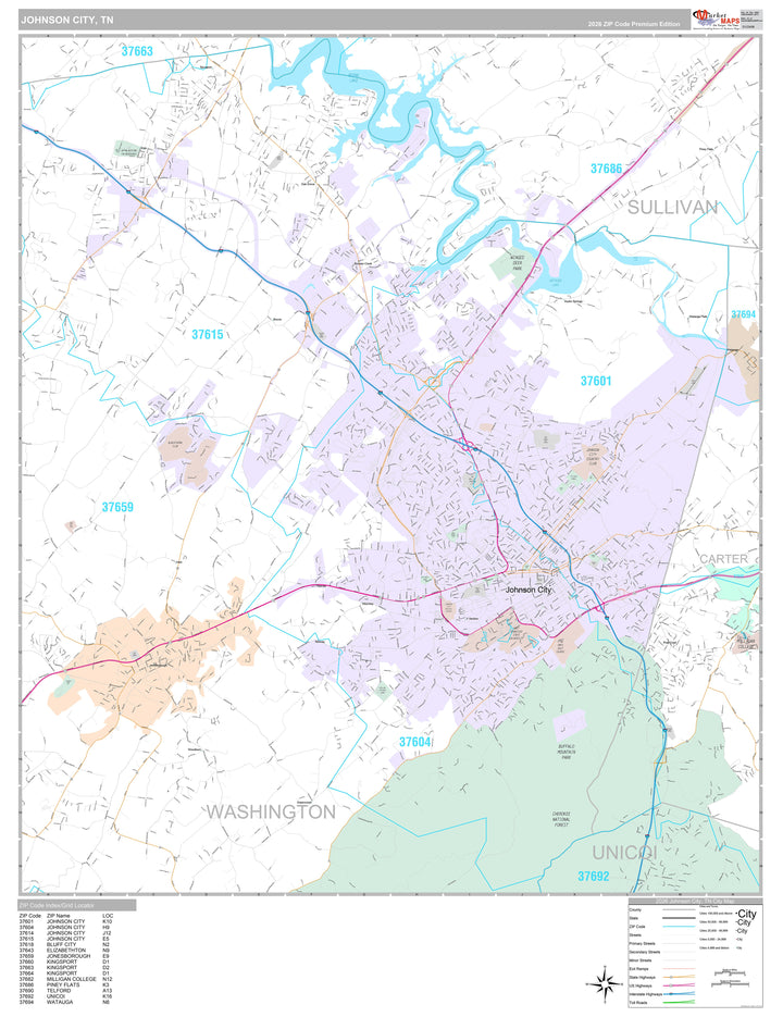 Premium Style Wall Map of Johnson City, TN