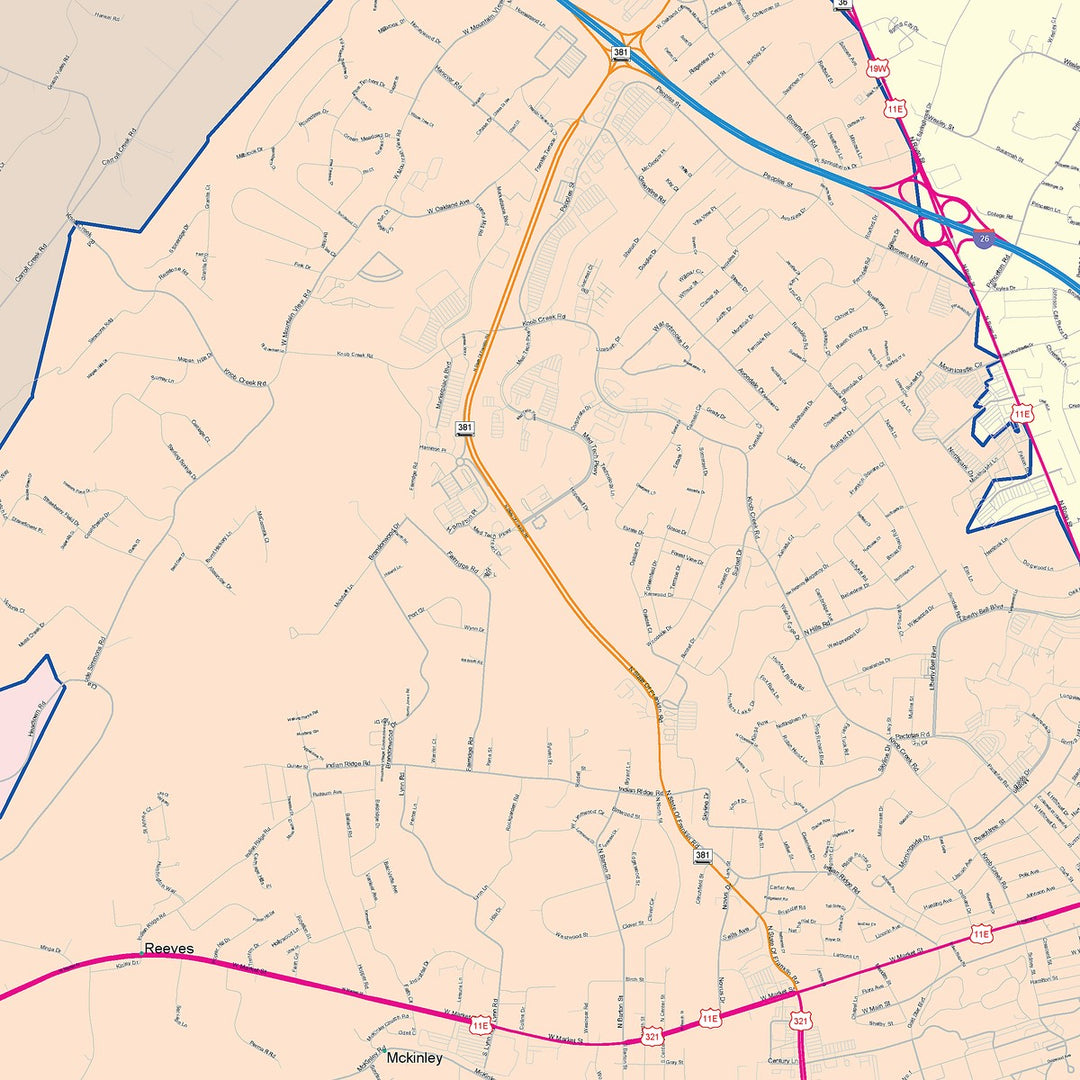 Color Cast Zip Code Style Wall Map of Johnson City, TN