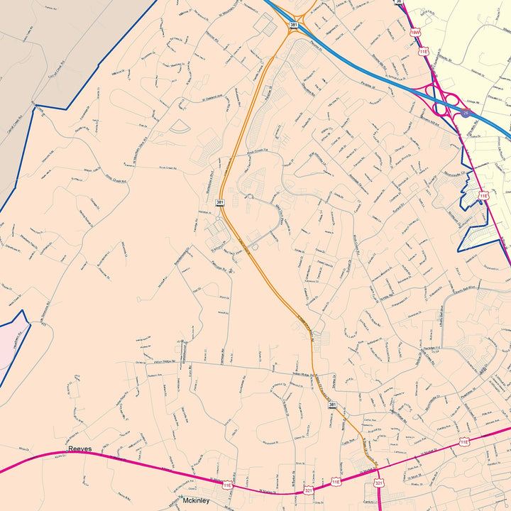 Color Cast Zip Code Style Wall Map of Johnson City, TN