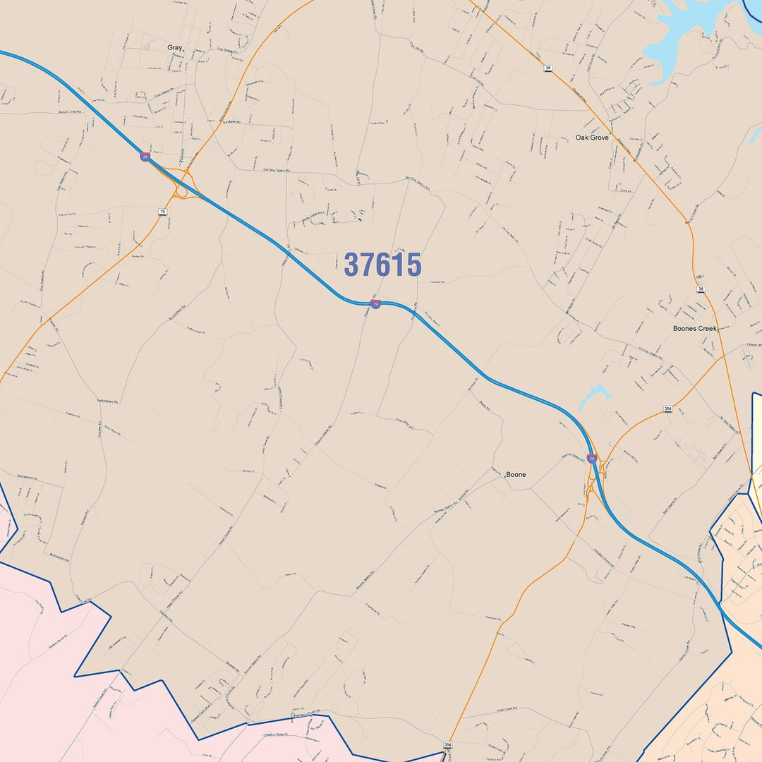 Color Cast Zip Code Style Wall Map of Johnson City, TN