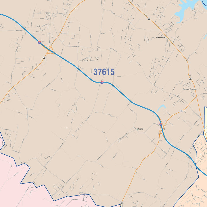 Color Cast Zip Code Style Wall Map of Johnson City, TN