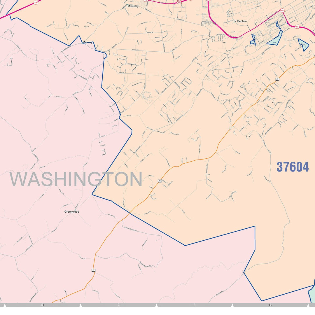 Color Cast Zip Code Style Wall Map of Johnson City, TN