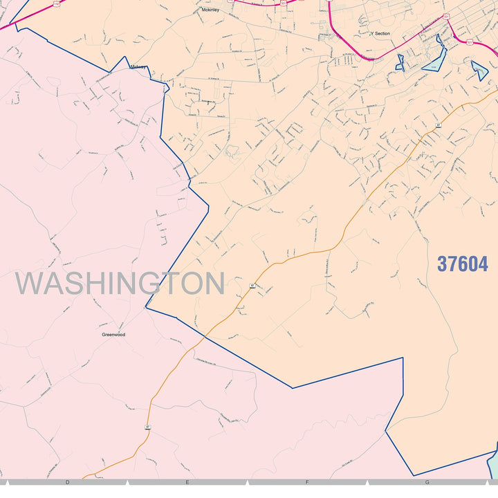 Color Cast Zip Code Style Wall Map of Johnson City, TN