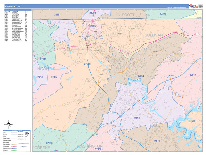 Color Cast Zip Code Style Wall Map of Kingsport, TN