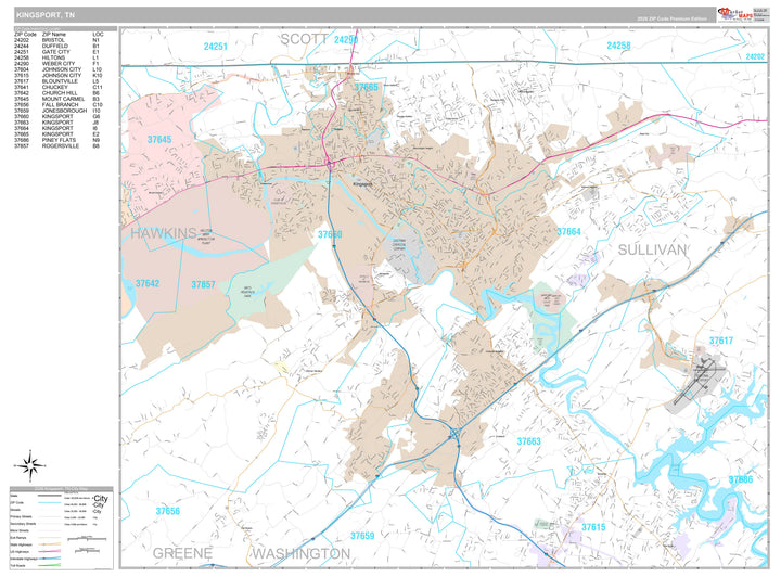 Premium Style Wall Map of Kingsport, TN
