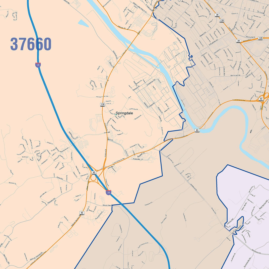 Color Cast Zip Code Style Wall Map of Kingsport, TN
