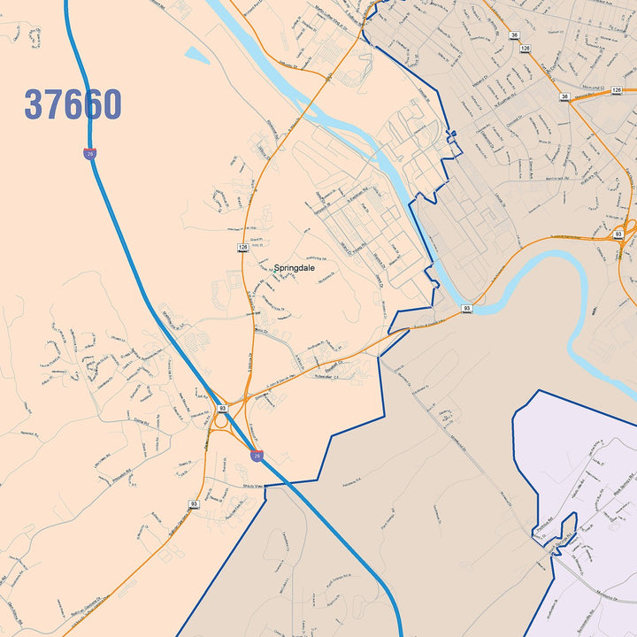 Color Cast Zip Code Style Wall Map of Kingsport, TN