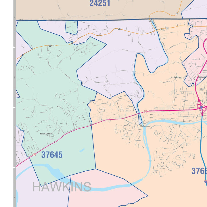 Color Cast Zip Code Style Wall Map of Kingsport, TN