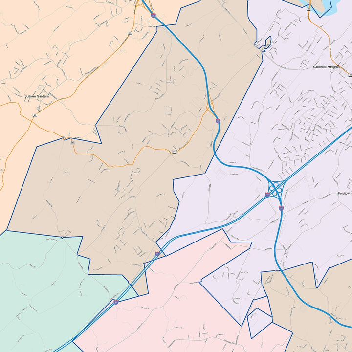 Color Cast Zip Code Style Wall Map of Kingsport, TN