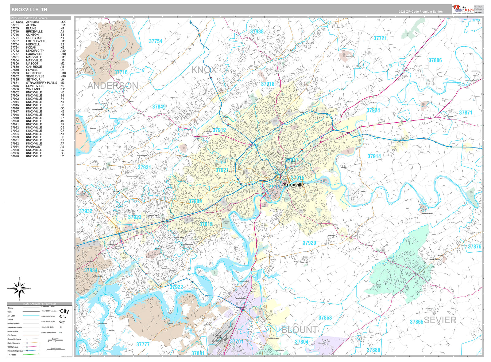 Premium Style Wall Map of Knoxville TN