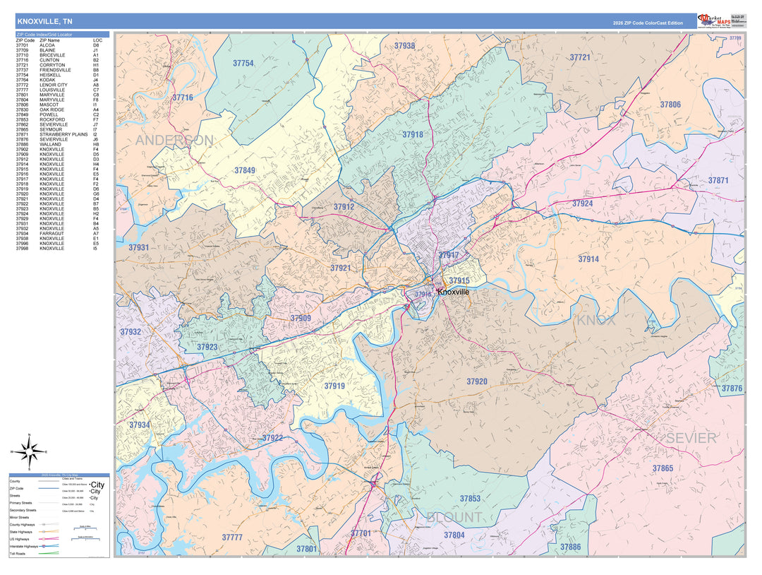 Color Cast Zip Code Style Wall Map of Knoxville, TN