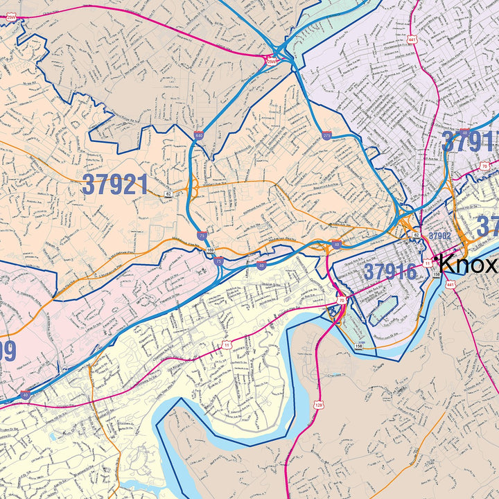 Color Cast Zip Code Style Wall Map of Knoxville, TN