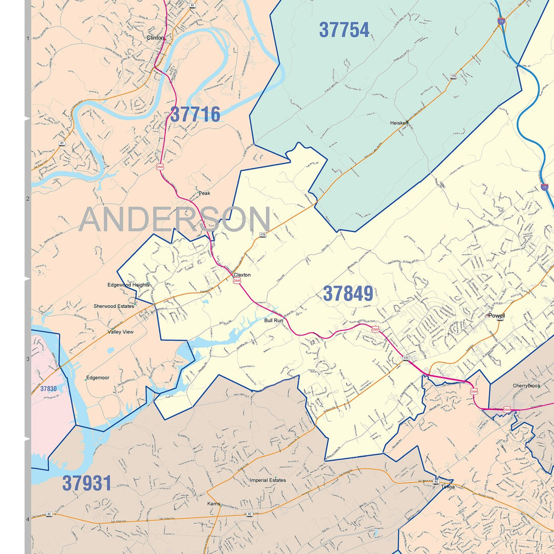 Color Cast Zip Code Style Wall Map of Knoxville, TN