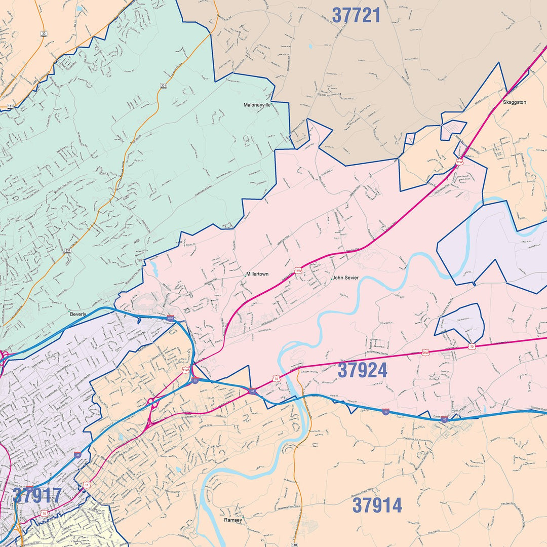 Color Cast Zip Code Style Wall Map of Knoxville, TN