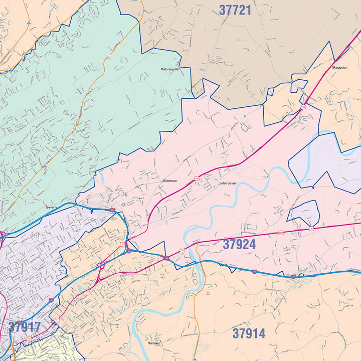 Color Cast Zip Code Style Wall Map of Knoxville, TN