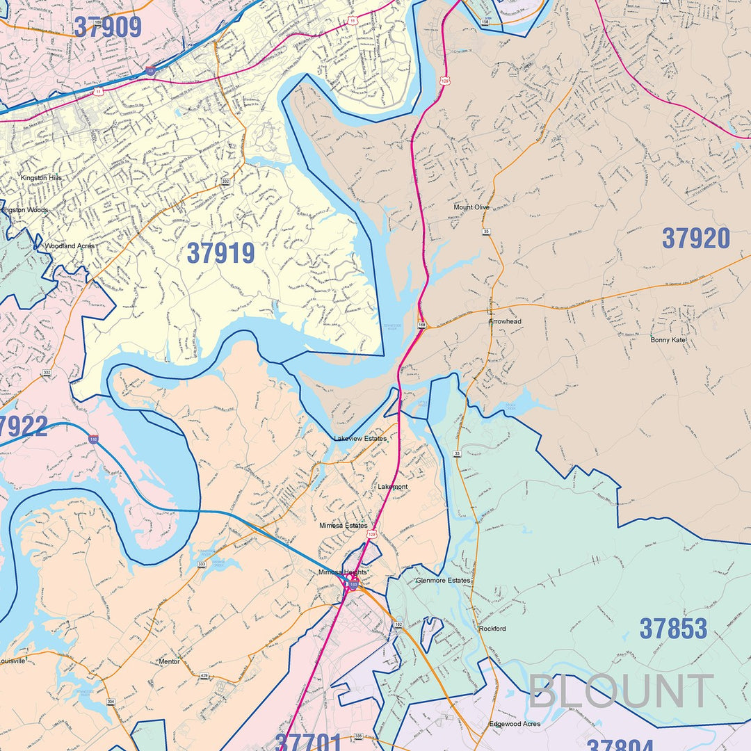 Color Cast Zip Code Style Wall Map of Knoxville, TN