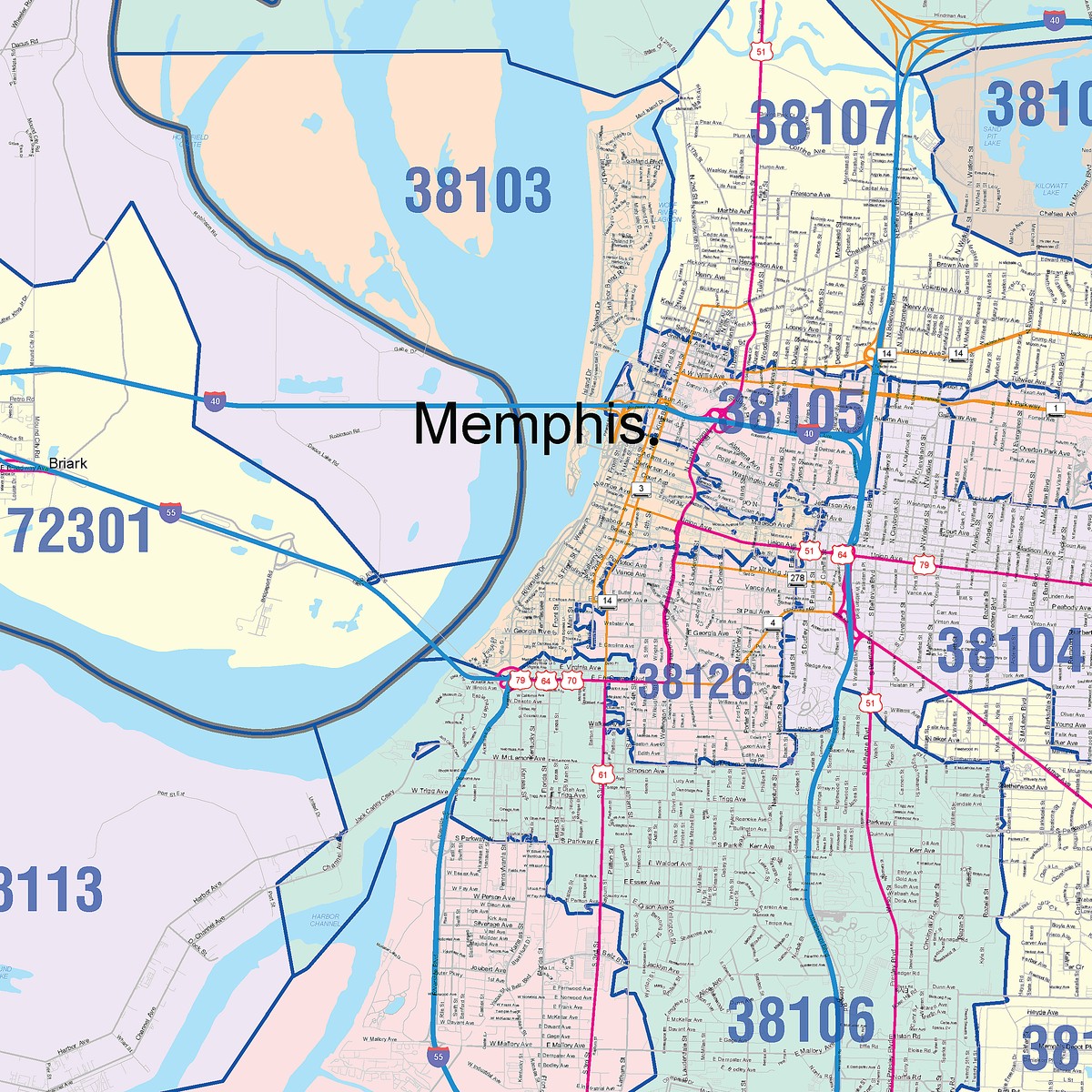 Colorcast Zip Code Style Wall Map of Memphis, TN – American Map Store
