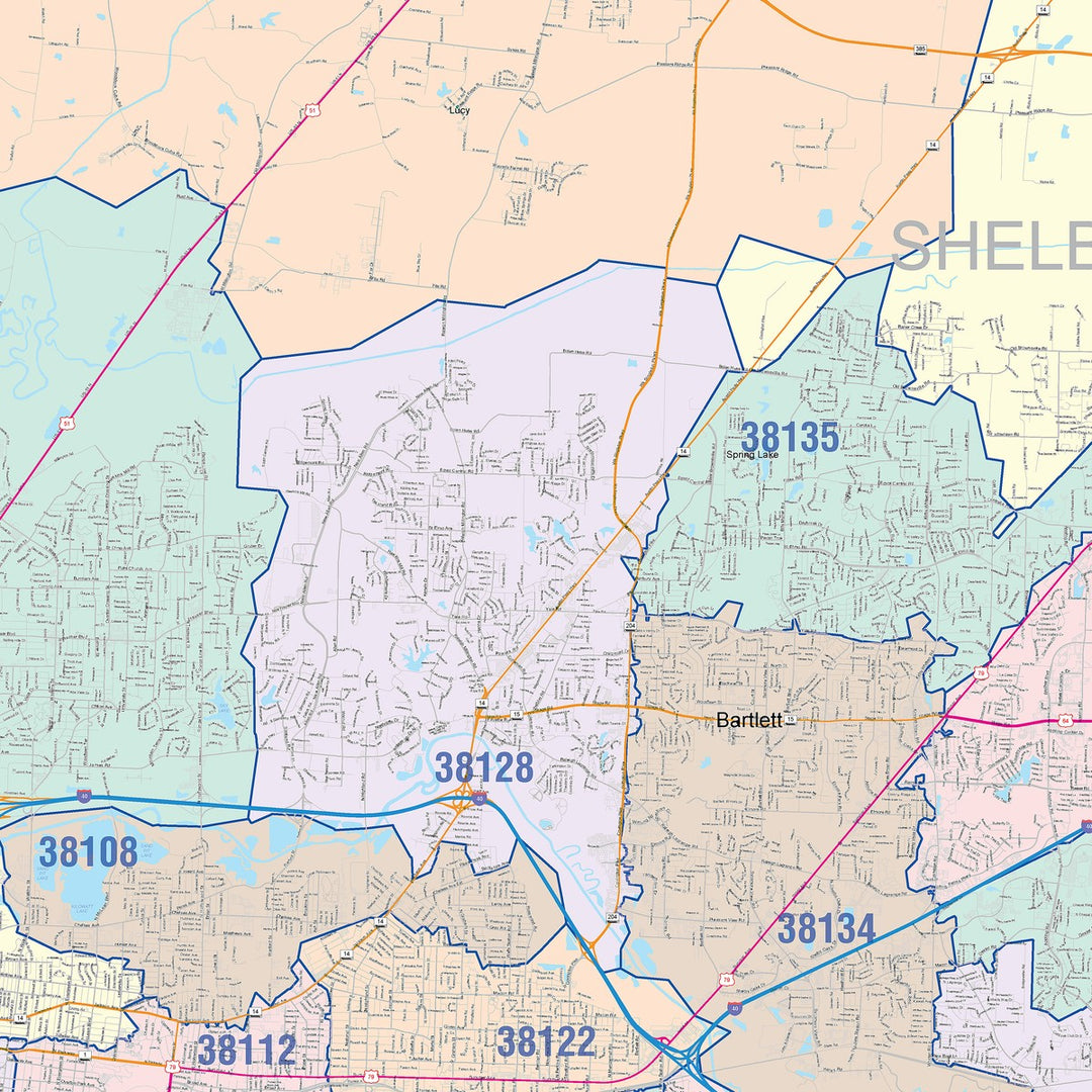 Colorcast Zip Code Style Wall Map of Memphis, TN – American Map Store