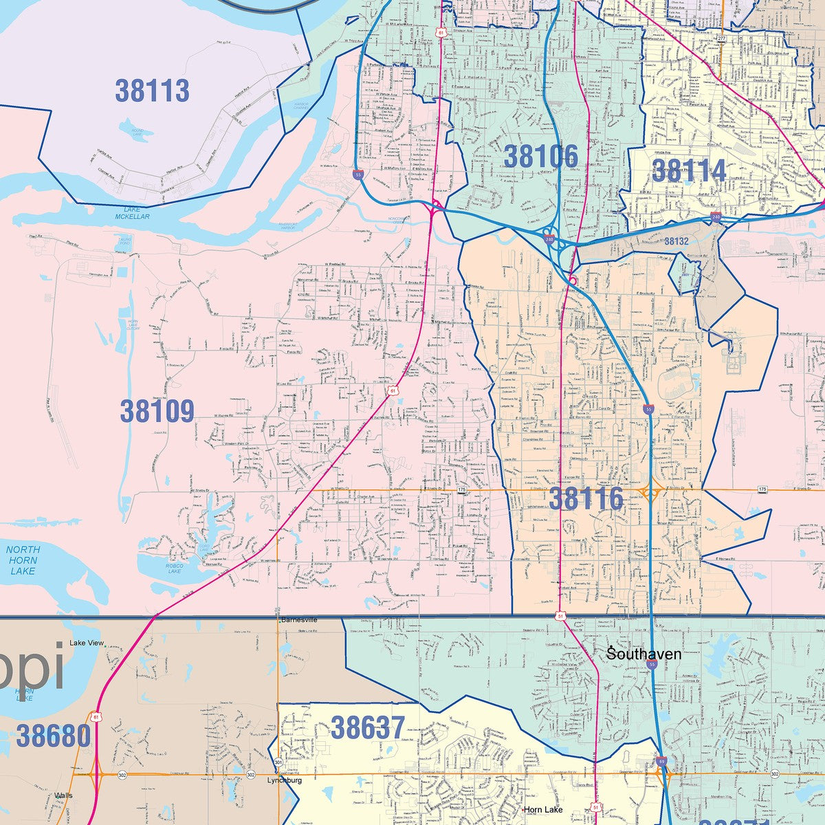 Colorcast Zip Code Style Wall Map of Memphis, TN – American Map Store