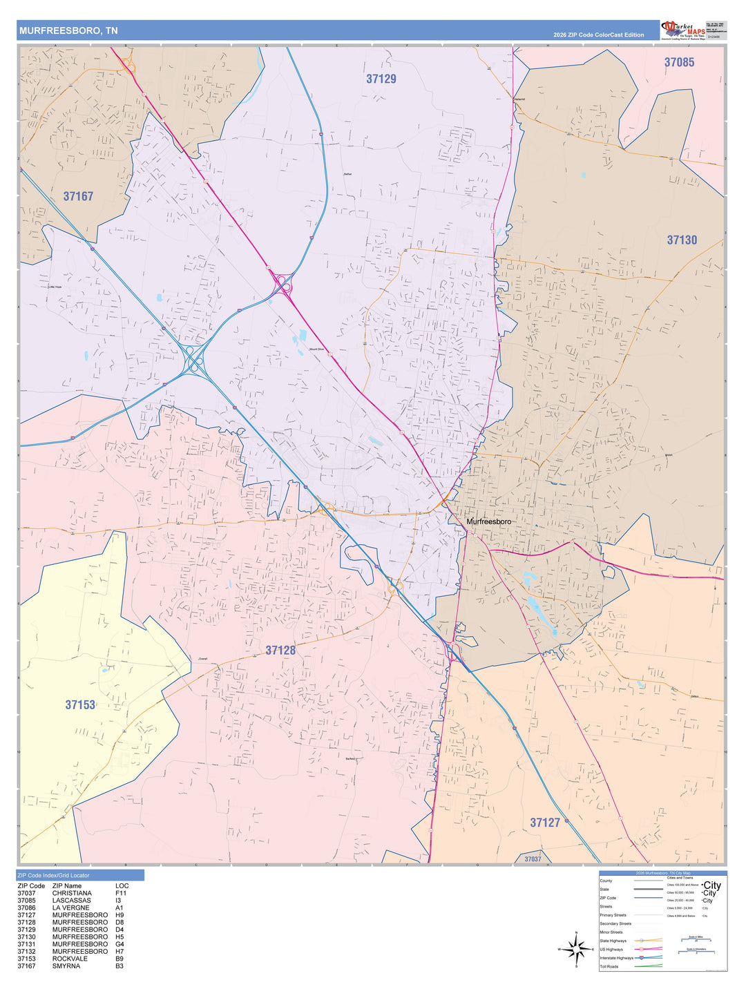 Color Cast Zip Code Style Wall Map of Murfreesboro, TN