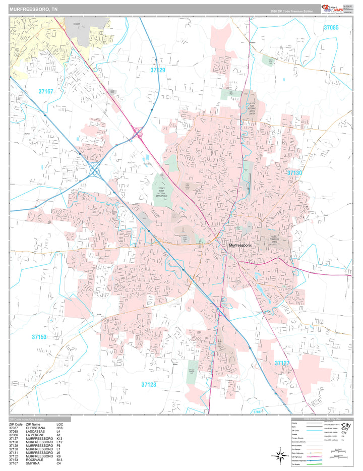 Premium Style Wall Map of Murfreesboro, TN