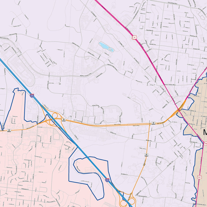Color Cast Zip Code Style Wall Map of Murfreesboro, TN