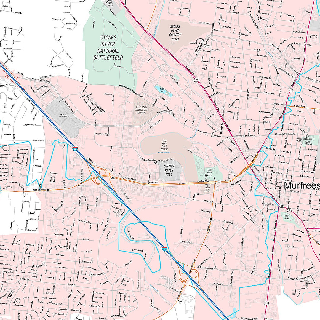 Premium Style Wall Map of Murfreesboro, TN