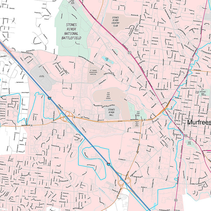 Premium Style Wall Map of Murfreesboro, TN