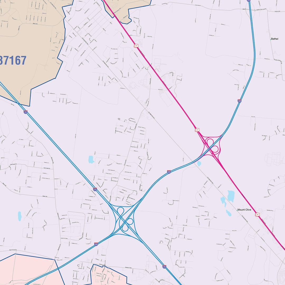 Color Cast Zip Code Style Wall Map of Murfreesboro, TN