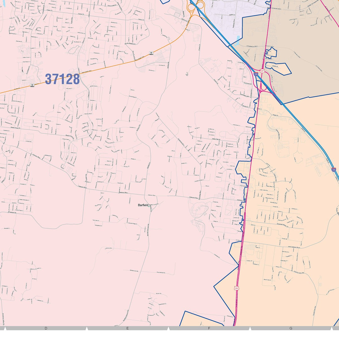 Color Cast Zip Code Style Wall Map of Murfreesboro, TN