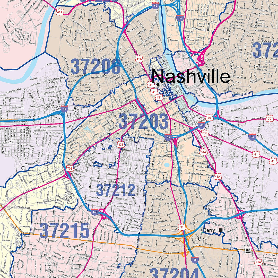 Premium Style Wall Map of Nashville TN