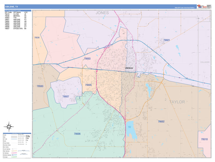 Color Cast Zip Code Style Wall Map of Abilene, TX