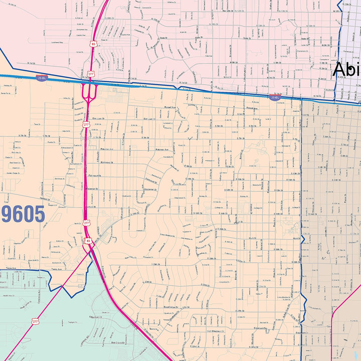 Color Cast Zip Code Style Wall Map of Abilene, TX
