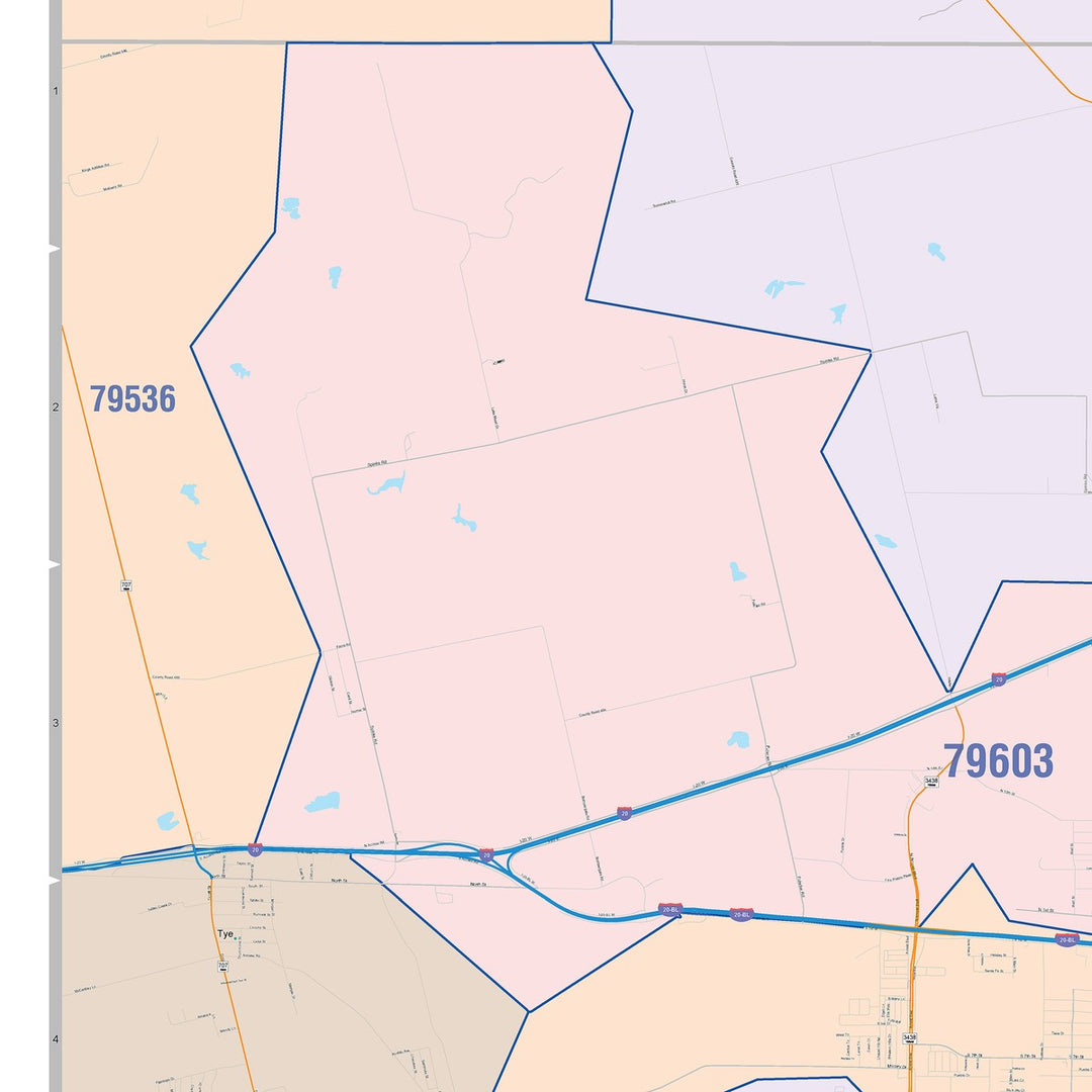 Color Cast Zip Code Style Wall Map of Abilene, TX