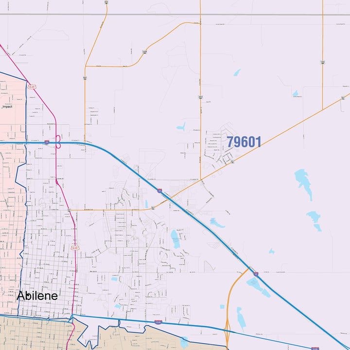 Color Cast Zip Code Style Wall Map of Abilene, TX